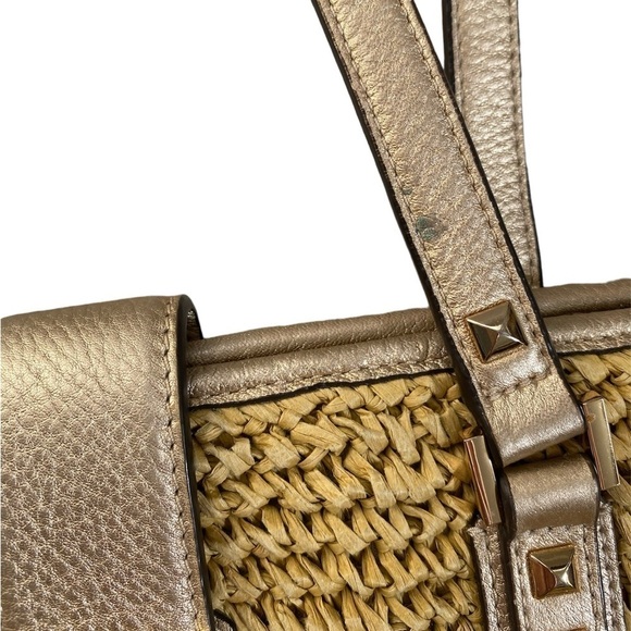 Michael Kors Large Raffia Shoulder Shopper Beach Tote Leather Handles Metal Stud - Picture 9 of 16